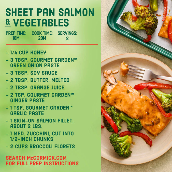 McCormick's Sheet Pan Salmon and Vegetables recipe is shown with ingredients and a prepared dish.