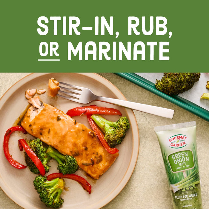 A plate of salmon and vegetables with a tube of Gourmet Garden Green Herb Blend, illustrating the text Stir-in, Rub, or Marinate.