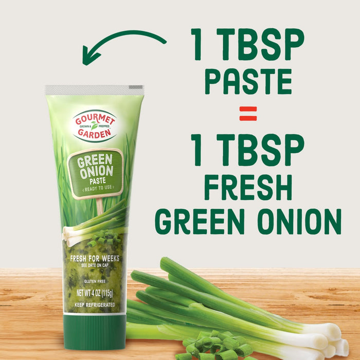 A tube of Gourmet Garden Green Onion Paste is shown, with text indicating that 1 tablespoon of the paste is equivalent to 1 tablespoon of fresh green onion.