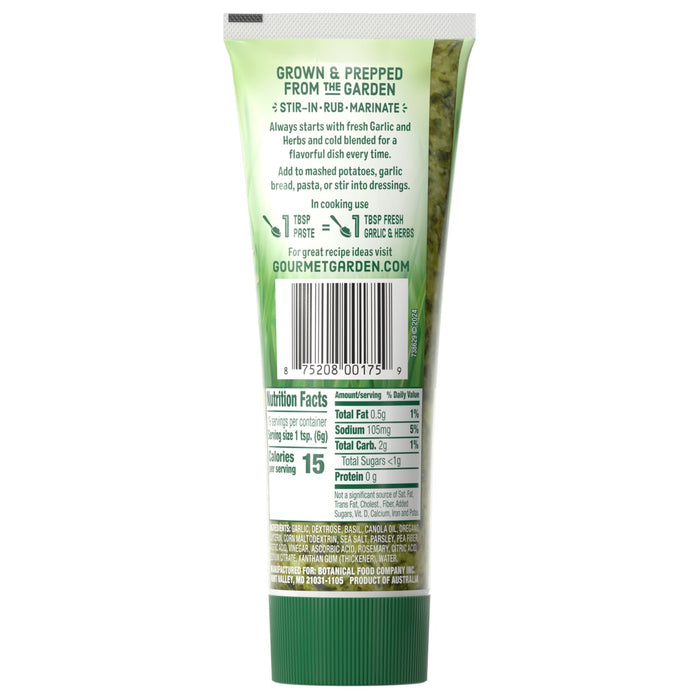 Gourmet Garden Garlic &amp; Herb Paste tube with nutrition facts and ingredients.