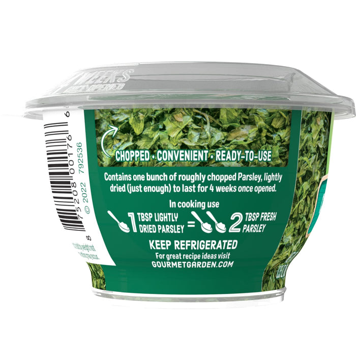 Gourmet Garden chopped parsley container with a barcode and instructions for use.