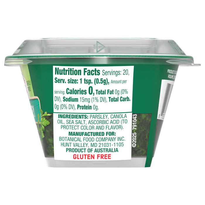 The side of a container of Gourmet Garden Parsley Seasoning Chopped .35 Oz displays the nutrition facts and ingredients list.