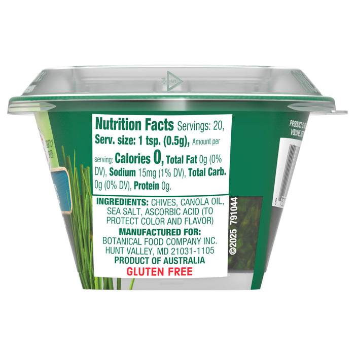 The side of a container of Gourmet Garden Chive Seasoning Chopped .35 Oz, showing the nutrition facts and ingredients list.