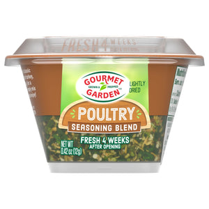A clear plastic container of Gourmet Garden Poultry Herb Seasoning Lightly Dried Ground .42 Oz is shown against a white background.