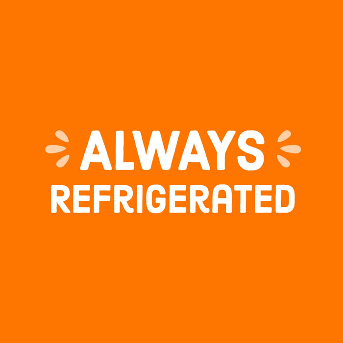 A white text on an orange background that says ALWAYS REFRIGERATED with a stylized flower on each side of the word ALWAYS.