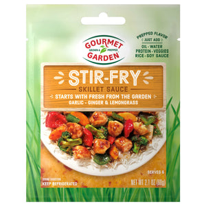 Gourmet Garden Stir-Fry Skillet Sauce package with a serving suggestion of chicken vegetables and rice.
