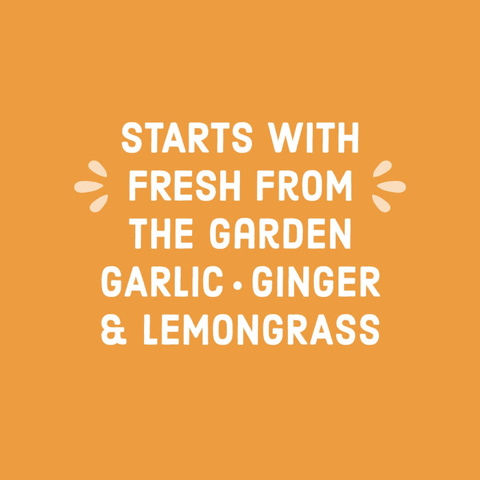 A graphic with white text on an orange background that reads Starts with fresh from the garden garlic ginger &amp; lemongrass.