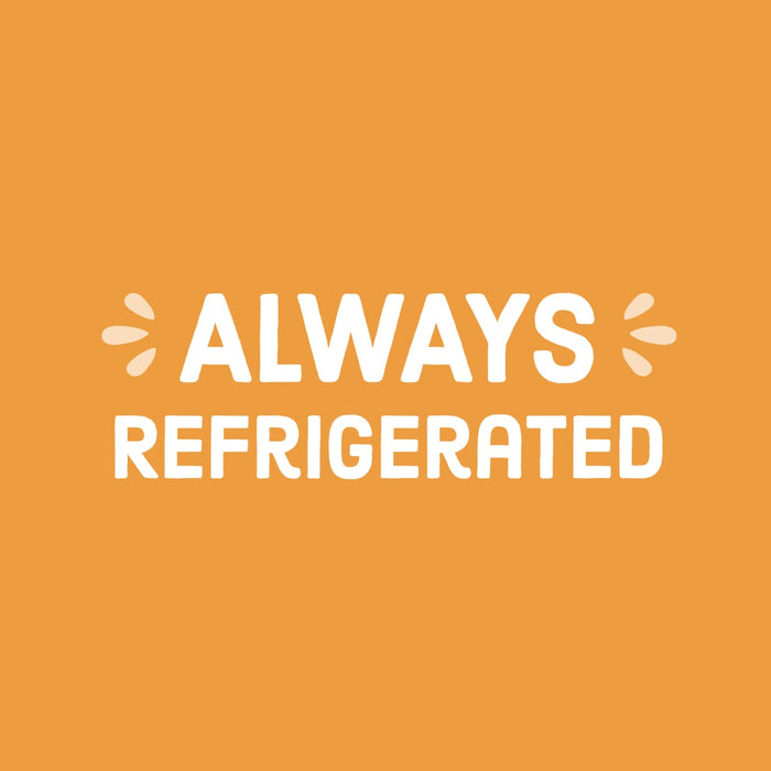 A white text on an orange background that says ALWAYS REFRIGERATED with a stylized sun on each side of the word ALWAYS.