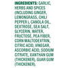 A list of ingredients for a product including garlic herbs spices and other additives.
