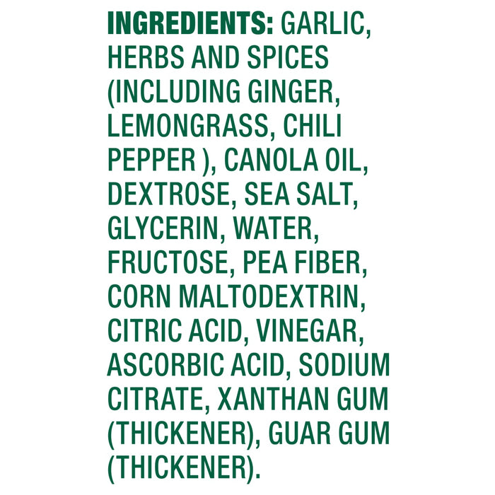 A list of ingredients for a product including garlic herbs spices and other additives.