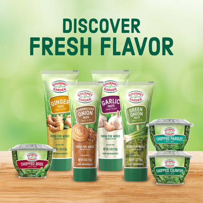 A variety of Gourmet Garden products are displayed, highlighting their fresh flavor.