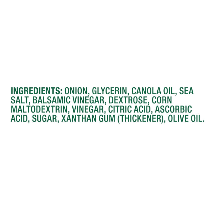 The image shows a list of ingredients including onion, glycerin, canola oil, sea salt, balsamic vinegar, dextrose, corn maltodextrin, vinegar, citric acid, ascorbic acid, sugar, xanthan gum, and olive oil.
