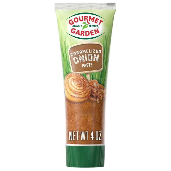 A tube of Gourmet Garden Caramelized Onion Paste is displayed.