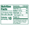 Nutrition facts label showing one serving contains 10 calories, 0.5g of total fat, 120mg of sodium, 1g of total carbohydrates, less than 1g of total sugars, and 0g of protein.