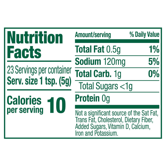 Nutrition facts label showing one serving contains 10 calories, 0.5g of total fat, 120mg of sodium, 1g of total carbohydrates, less than 1g of total sugars, and 0g of protein.