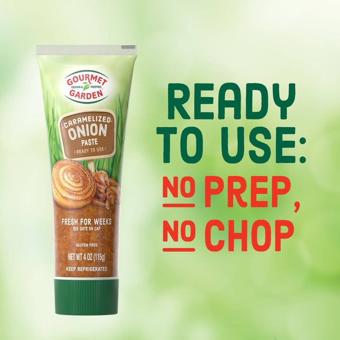 Gourmet Garden's Ready to Use Onion Herb blend in a tube, emphasizing the convenience of no prep and no chop.