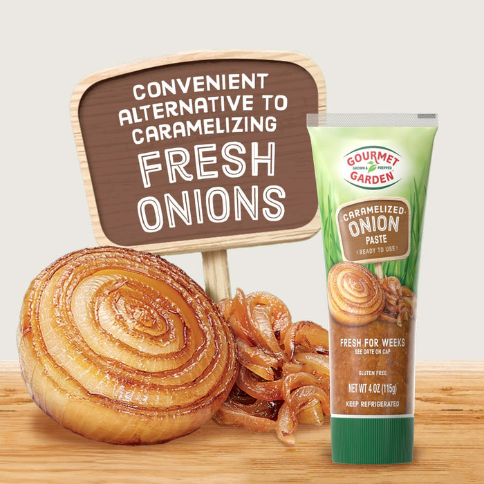 A tube of Gourmand's Choice caramelized onion paste is displayed next to a sign that reads Convenient alternative to caramelizing fresh onions, with caramelized onions in the foreground.