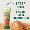 A tube of Amore Onion Paste is shown with text indicating that 1 tablespoon of the paste is equivalent to 1 small caramelized onion.