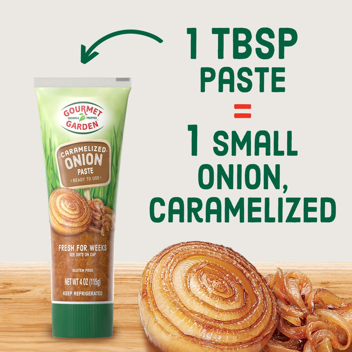 A tube of Amore Onion Paste is shown with text indicating that 1 tablespoon of the paste is equivalent to 1 small caramelized onion.