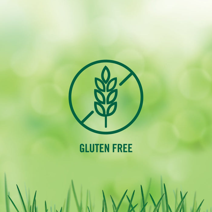 A green gluten-free symbol with a wheat stalk inside a circle with a line through it, indicating the product is gluten-free.