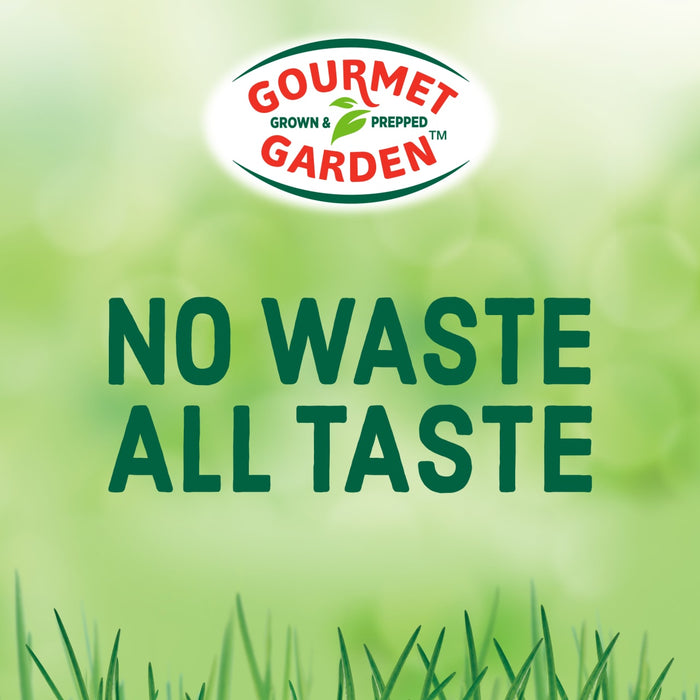 Gourmet Garden logo with the text No Waste All Taste on a green background.