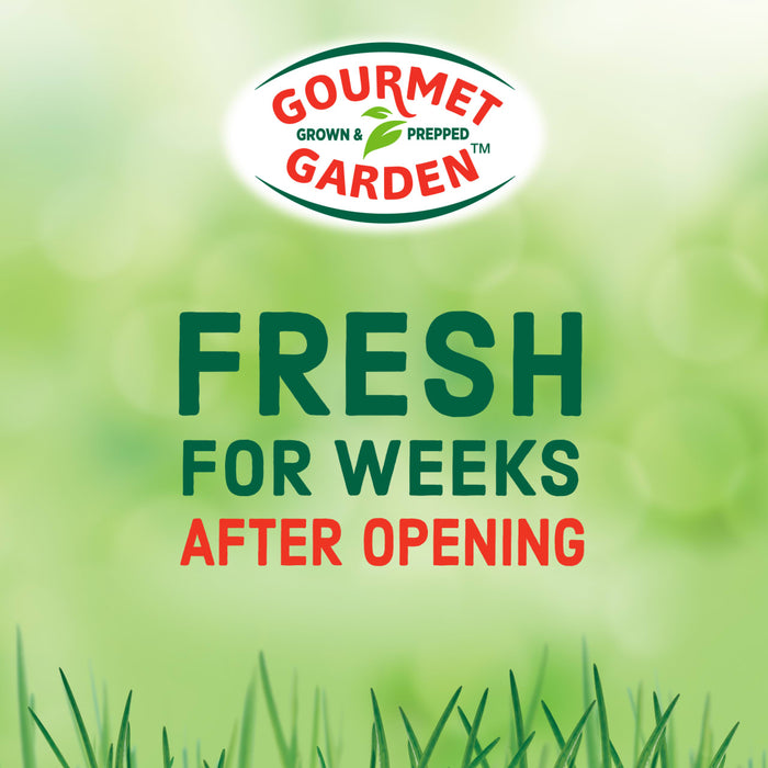 Gourmet Garden brand advertisement with the text FRESH FOR WEEKS AFTER OPENING.