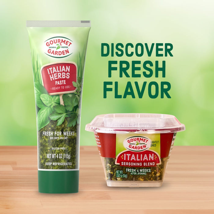 A tube of Gourmet Garden Italian Herbs Paste and a container of Gourmet Garden Italian Seasoning Blend are displayed.