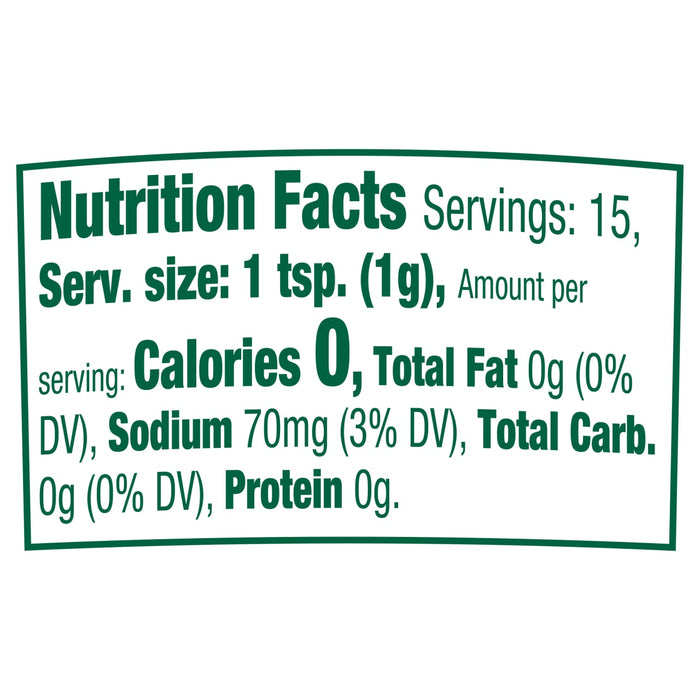 Nutrition facts label showing a serving size of 1 teaspoon (1g) with 0 calories, 0g total fat, 70mg sodium, 0g total carbohydrate, and 0g protein.