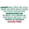 The label lists ingredients as garlic, parsley, basil, sea salt, oregano, chilli pepper, canola oil, and ascorbic acid, and states that the product is manufactured for Botanical Food Company Inc. and is a product of Australia and gluten free.