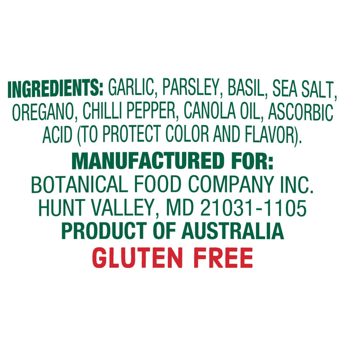 The label lists ingredients as garlic, parsley, basil, sea salt, oregano, chilli pepper, canola oil, and ascorbic acid, and states that the product is manufactured for Botanical Food Company Inc. and is a product of Australia and gluten free.