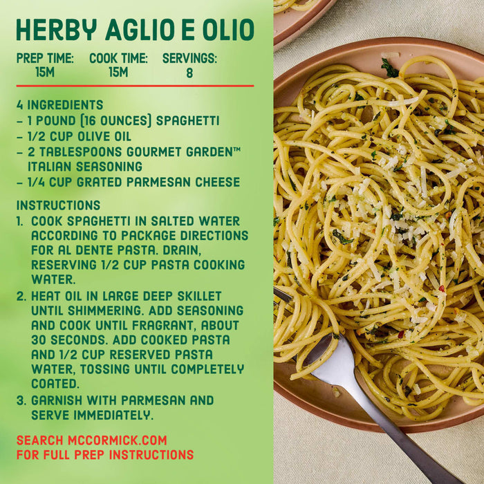This is a recipe for Herby Aglio e Olio, featuring Gourmet Garden Italian Seasoning, from McCormick.