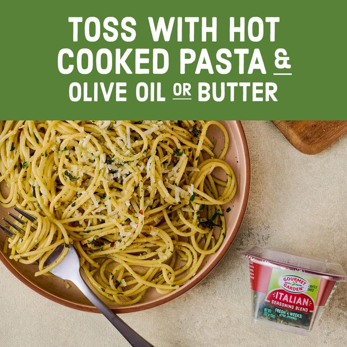 A plate of spaghetti is shown with a container of Gourmet Garden Italian Seasoning Blend, suggesting a recipe idea.