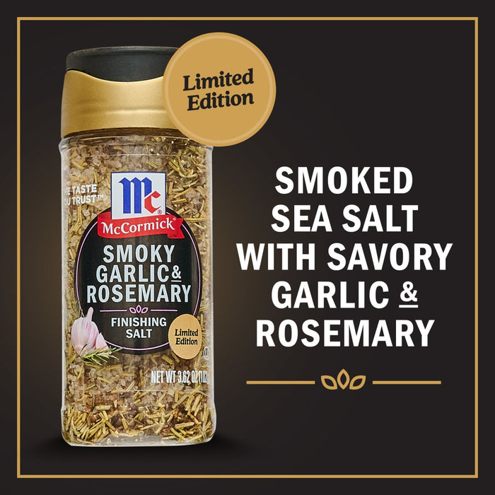 A jar of McCormick Smoked Sea Salt with Savory Garlic &amp; Rosemary a limited edition product.