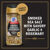 A jar of McCormick Smoked Sea Salt with Savory Garlic &amp; Rosemary a limited edition product.
