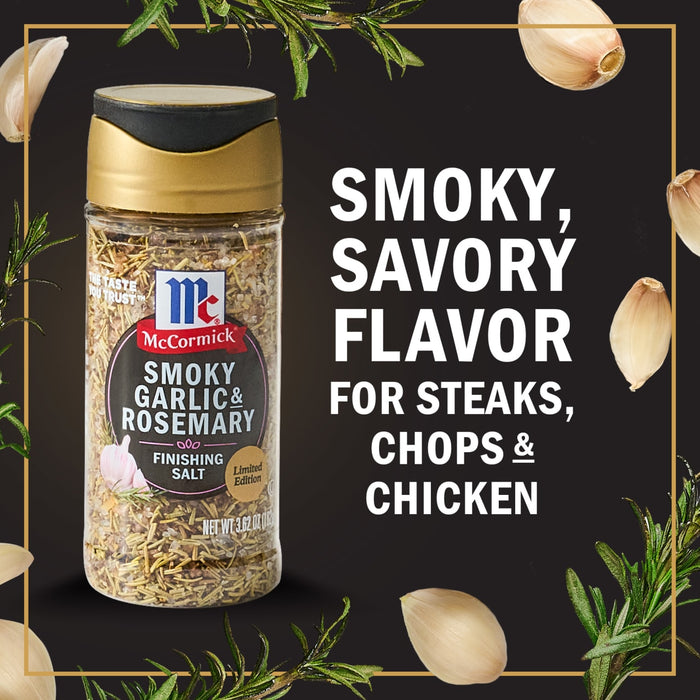 A jar of McCormick Smoky Garlic &amp; Rosemary Finishing Salt a limited edition seasoning for steaks chops and chicken.