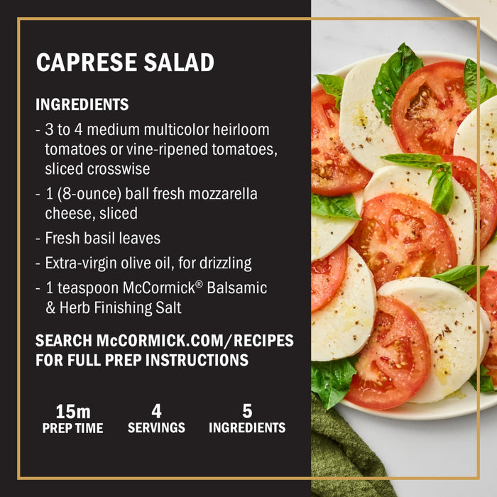 A plate of Caprese salad with tomatoes mozzarella basil and McCormick Balsamic &amp; Herb Finishing Salt.