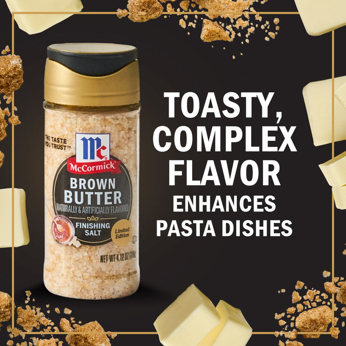 A jar of McCormick Brown Butter Finishing Salt with a tagline that reads Toasty Complex Flavor Enhances Pasta Dishes.