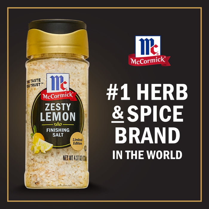A jar of McCormick Zesty Lemon Finishing Salt a limited edition product with the text #1 Herb &amp; Spice Brand in the World on the right.