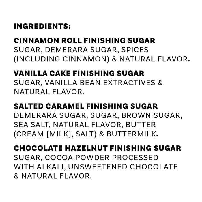 The ingredients list for the Mccormick Finishing Sugar Caddy 4Ct, detailing the components of the Cinnamon Roll, Vanilla Cake, Salted Caramel, and Chocolate Hazelnut finishing sugars.