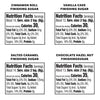 The nutrition facts labels for the four varieties included in the Mccormick Finishing Sugar Caddy 4Ct, showing Cinnamon Roll, Vanilla Cake, Salted Caramel, and Chocolate Hazelnut flavors.