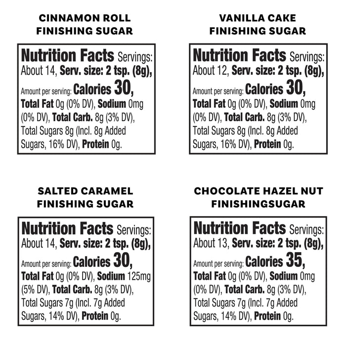 The nutrition facts labels for the four varieties included in the Mccormick Finishing Sugar Caddy 4Ct, showing Cinnamon Roll, Vanilla Cake, Salted Caramel, and Chocolate Hazelnut flavors.
