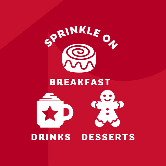An illustration on a red background suggests uses for the Mccormick Finishing Sugar Caddy 4Ct, with icons for breakfast, drinks, and desserts.