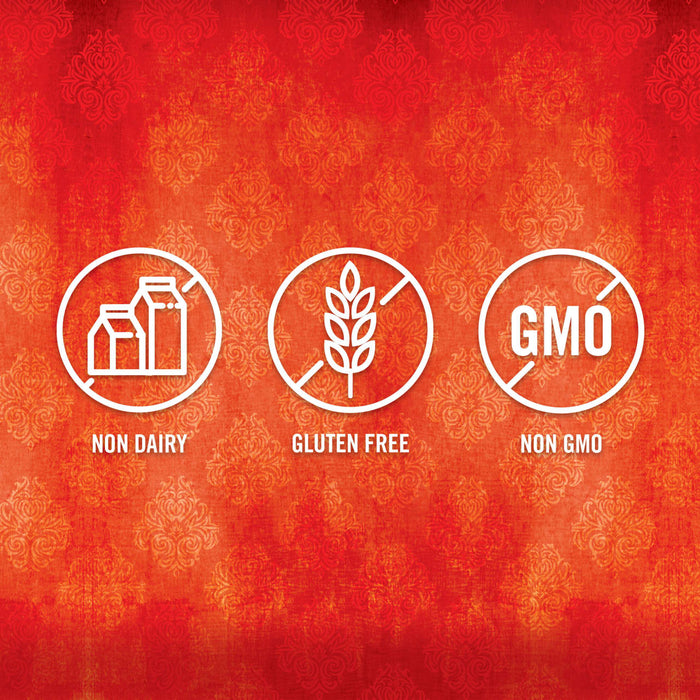 Icons indicating the product is non-dairy, gluten-free, and non-GMO.