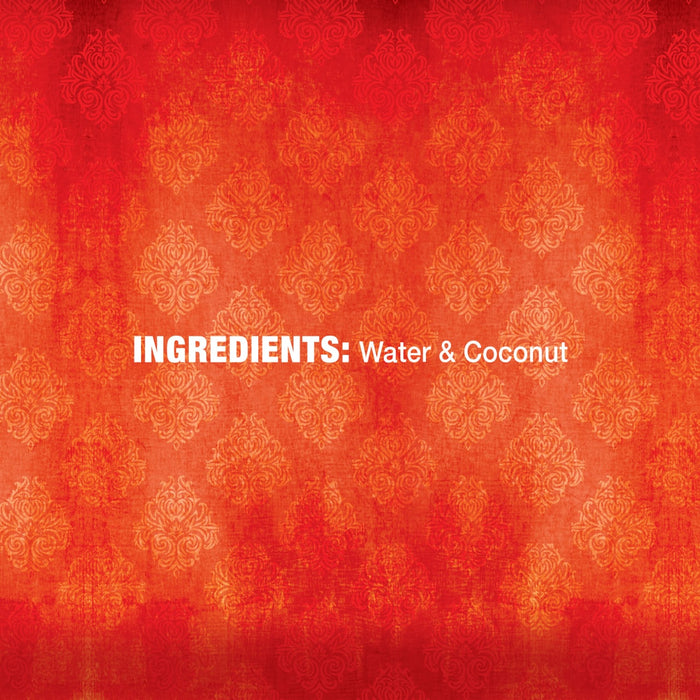 The ingredients list shows only water and coconut against a red patterned background.
