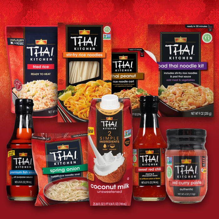 A variety of Thai Kitchen brand products are displayed, including noodles, sauces, coconut milk, and chili paste.