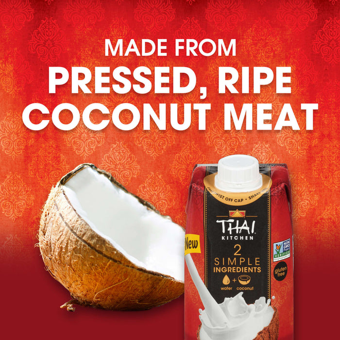 Thai Kitchen coconut milk is made from pressed, ripe coconut meat, as shown by the image of a halved coconut next to the product packaging.