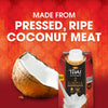 Thai Kitchen coconut milk is made from pressed, ripe coconut meat, as shown by the image of a halved coconut next to the product packaging.