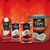 A variety of Thai Kitchen coconut milk products are displayed against a red background.