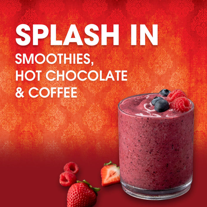 A vibrant image promoting the addition of a product to smoothies, hot chocolate, and coffee, featuring a berry smoothie and fresh strawberries.
