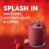 A vibrant image promoting the addition of a product to smoothies, hot chocolate, and coffee, featuring a berry smoothie and fresh strawberries.